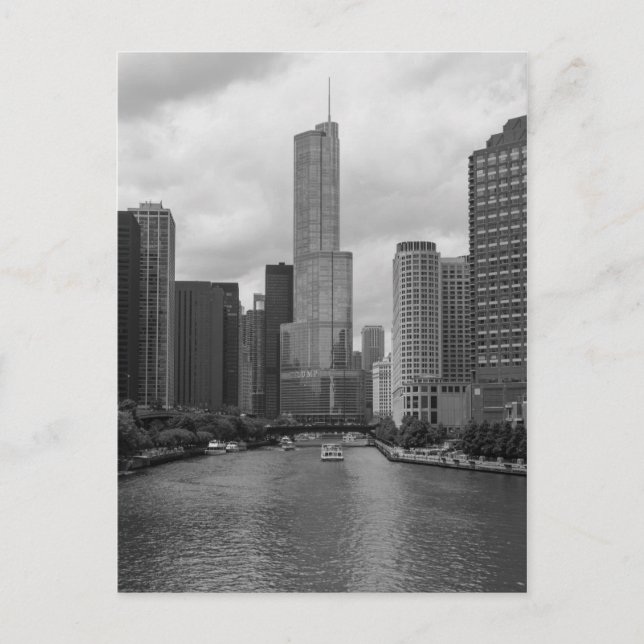 Carte Postale Tour Trump Chicago Rivière Échelle de gris (Devant)
