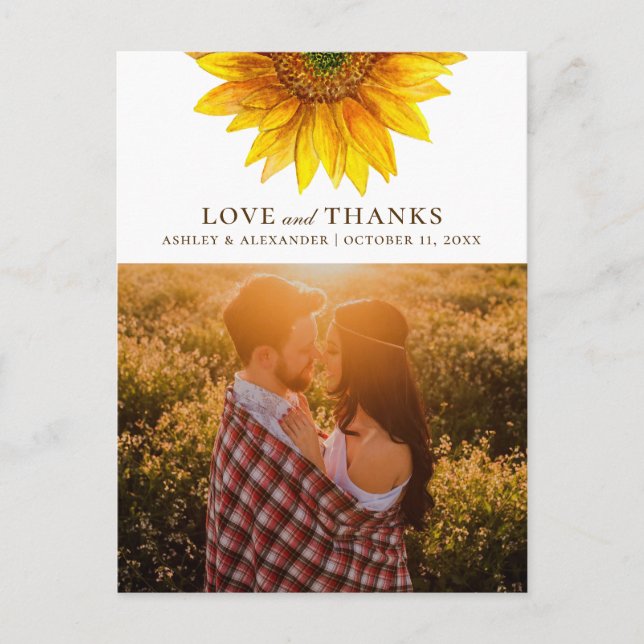 Carte Postale Tournesol aquarelle. Mariage rustique merci (Devant)
