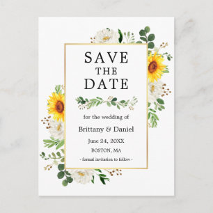 Carte Postale Tournesol Blanc Floral Vert Économisez La Date