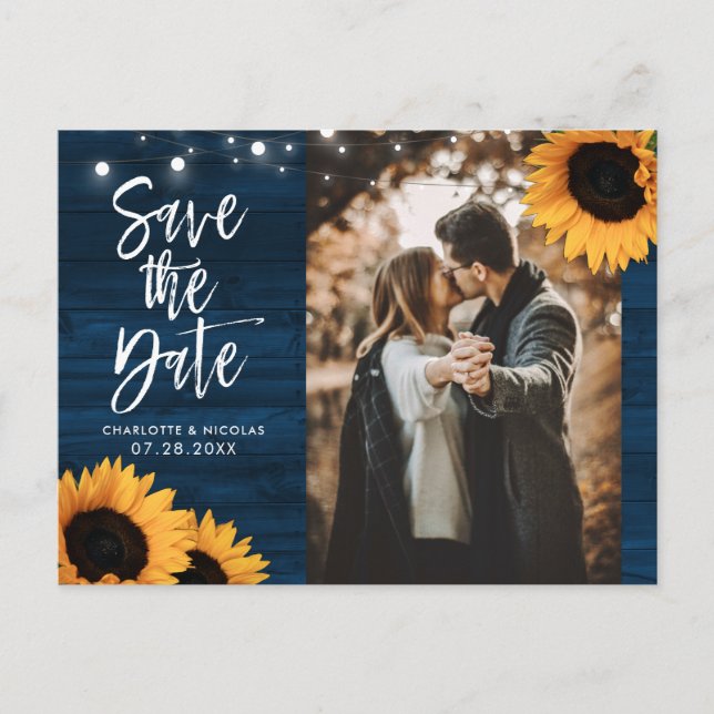 Carte Postale Tournesol Bleu Rustique Photo Enregistrer La Date (Devant)