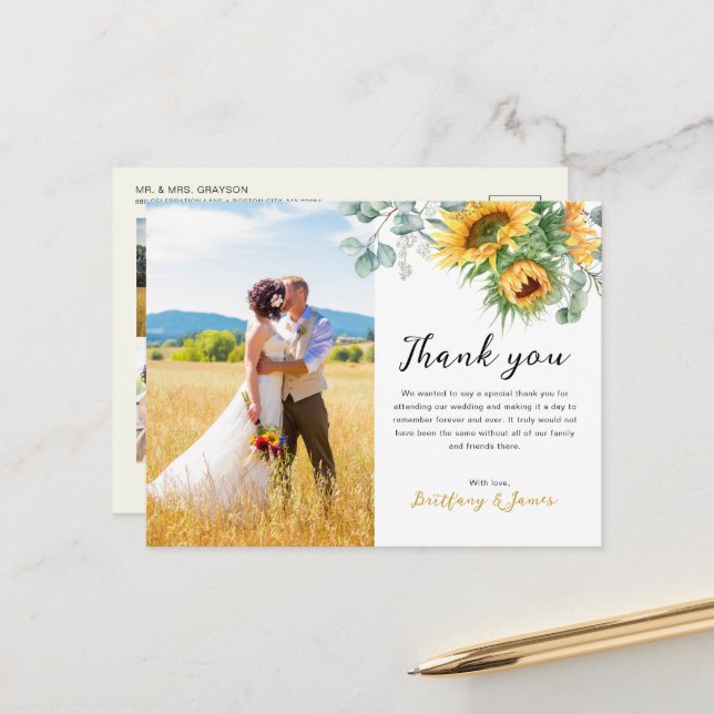 Carte Postale Tournesol Eucalyptus 4 Photos Mariage Merci (Devant/Arrière en situation)