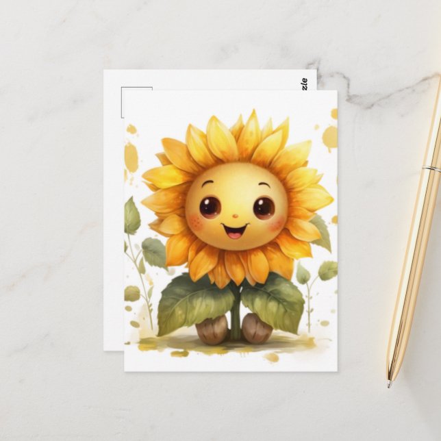 Carte Postale Tournesol jaune mignon et joyeux (Devant/Arrière en situation)
