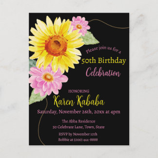 Carte Postale Tournesol rose Noir Jaune Fleur moderne Anniversai