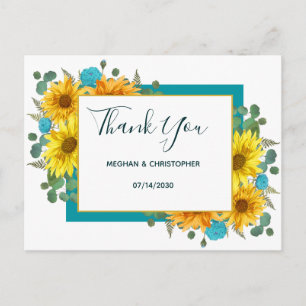 Carte Postale Tournesol Rustique Chic Rose Mariage Merci Turquoi