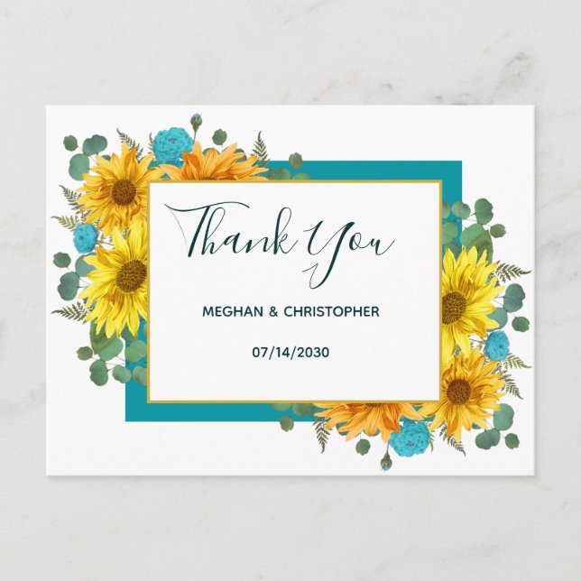 Carte Postale Tournesol Rustique Chic Rose Mariage Merci Turquoi (Devant)