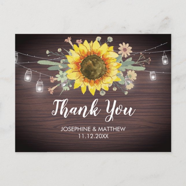 Carte Postale Tournesol rustique Jar Mariage léger Merci (Devant)