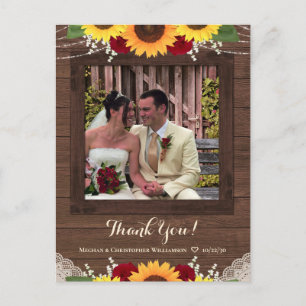 Carte Postale Tournesol rustique Roses rouges Merci Mariage Phot
