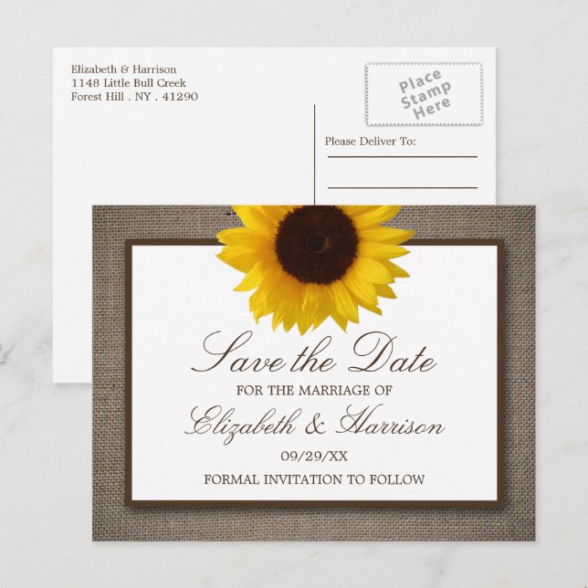 Carte Postale Tournesol Rustique Sur Burlap Enregistrer La Date (Devant / Derrière)
