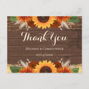 Carte Postale Tournesols rustiques Roses bohèmes Mariage Remerci