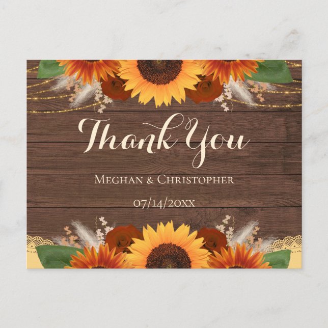 Carte Postale Tournesols rustiques Roses bohèmes Mariage Remerci (Devant)