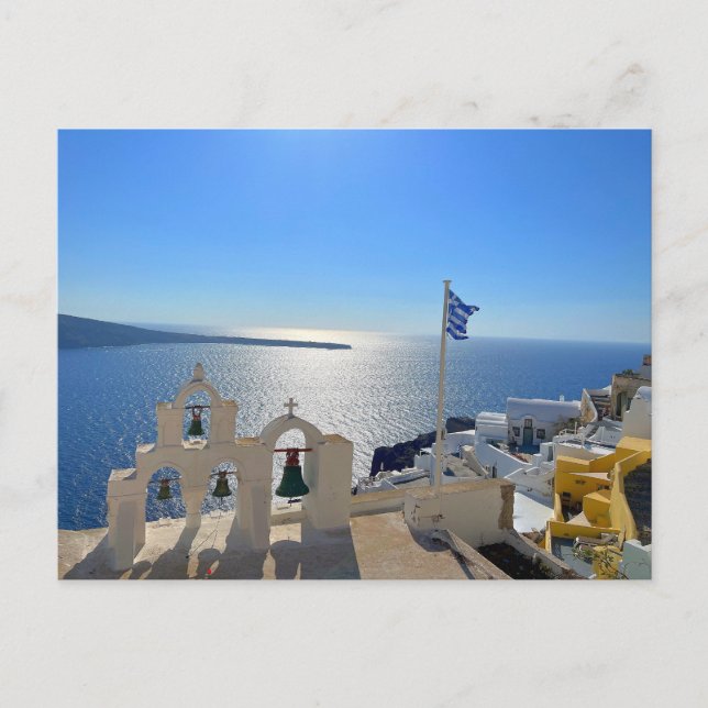 Carte Postale Tourterelle triple clocher Santorin Grèce Photogra (Devant)