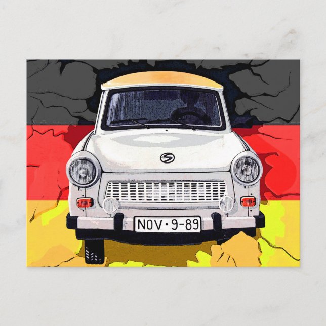 Carte Postale Trabing Car et drapeau allemand, Berlin Wall (Devant)