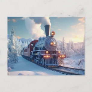 Carte Postale Train à vapeur de Noël Moteur vintage Neige Forêt