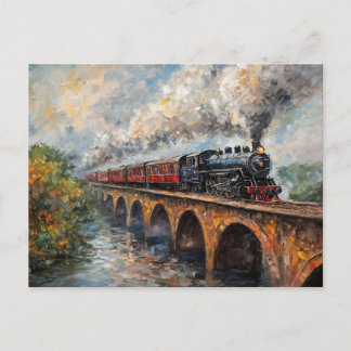 Carte Postale Train à vapeur sur un pont - Peinture à l'huile