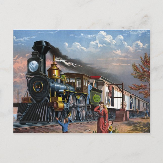Carte Postale Train à vapeur vintage à la gare (Devant)