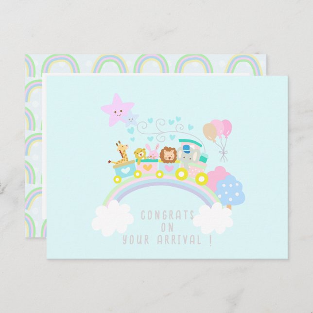 Carte Postale Train Animaux Bleus (Devant / Derrière)