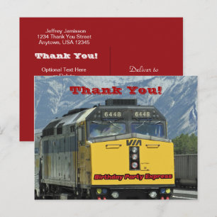 Carte Postale Train de chemin de fer Moteur jaune Merci Annivers