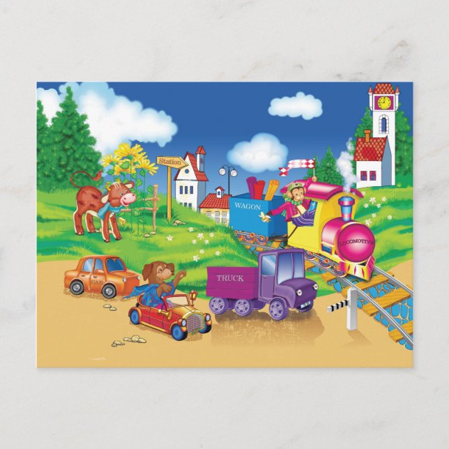 Carte Postale train et voiture (Devant)