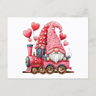 Carte Postale Train Saint Valentin Gnome Couple Red Hearts