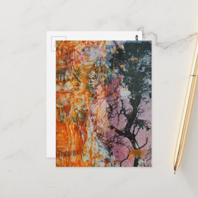 Carte Postale Tree Mixed Media Collage Pink Orange Blue Black (Devant/Arrière en situation)