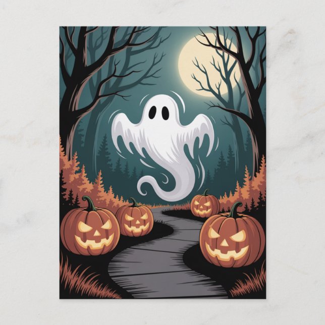 Carte Postale Trendy spooky Halloween Pumpkin Ghost Moon forest  (Devant)