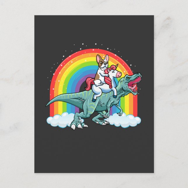 Carte Postale Trex Dinosaure Bouledogue Français Licorne Arc-en- (Devant)