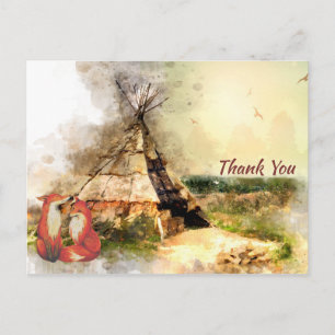 Carte Postale Tribal Tipi, renards et flèche du coeur Boho Merci