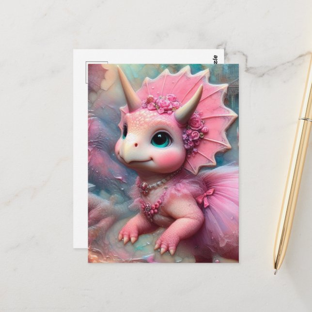 Carte Postale Tricératops adorables en robe rose (Devant/Arrière en situation)