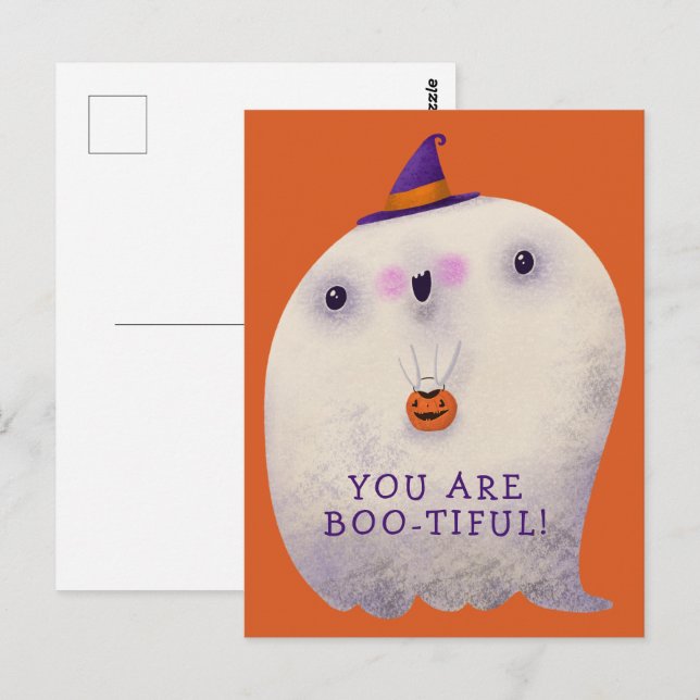 Carte Postale Trick de déco d'Halloween ou traiter un joli fantô (Devant / Derrière)