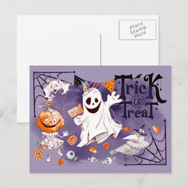 Carte Postale Trick or Treat. Fantôme Amusant, Fille Citrouille  (Devant / Derrière)