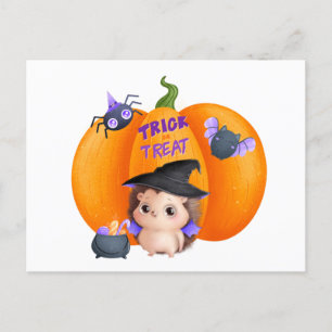 Carte Postale Trick ou traiter Halloween Citrouille et Hérisson