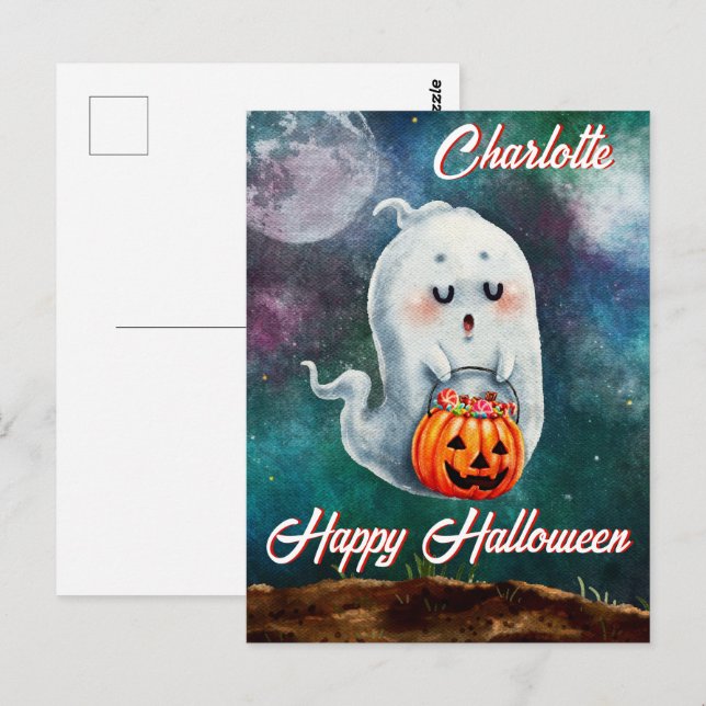 Carte Postale Trick ou Treat, les fantômes sont doux Halloween h (Devant / Derrière)