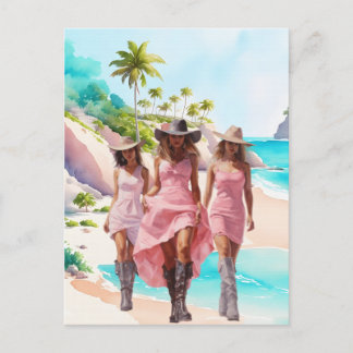 Carte Postale Trio rose cowgirl côtière sur l'île tropicale