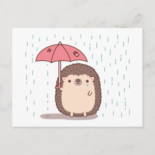 Carte Postale Triste Hérisson Tenant Un Parapluie En Pluie