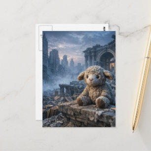 Carte Postale triste petit mouton en peluche abandonné apocalypt