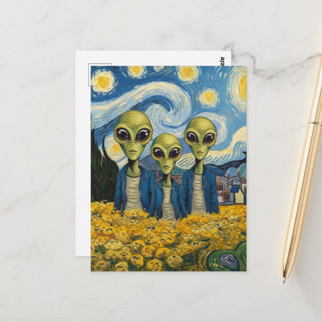Carte Postale Trois Aliens de Faux Van Gogh AI Art (Devant/Arrière en situation)