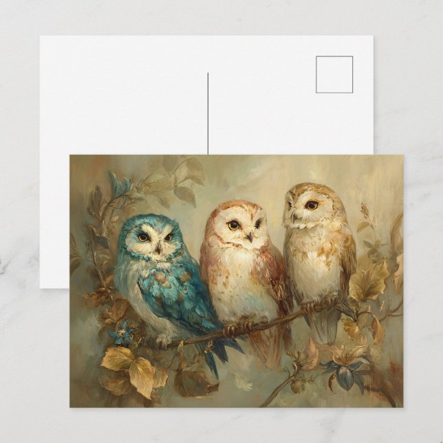 Carte Postale Trois Chouettes lunaires sur une branche (Devant / Derrière)