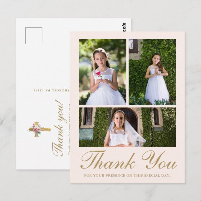 Carte Postale Trois Croix Florale Photo Première Communion Fard  (Devant / Derrière)