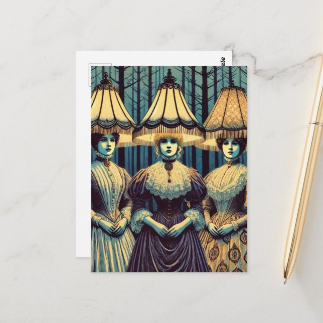 Carte Postale Trois femmes dans la forêt avec Lampshade Casquett (Devant/Arrière en situation)