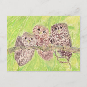 Carte Postale Trois Petites Chouettes - peinture acrylique.