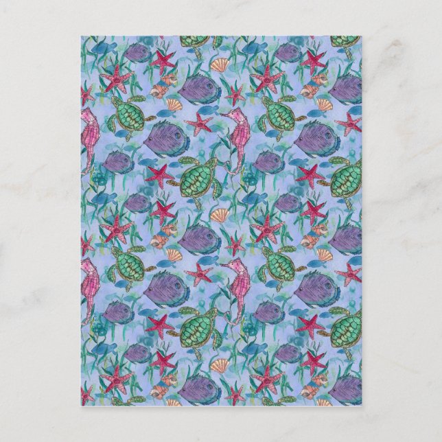 Carte Postale Tropical Fish Seahorse Turtle Ocean Art (Devant)