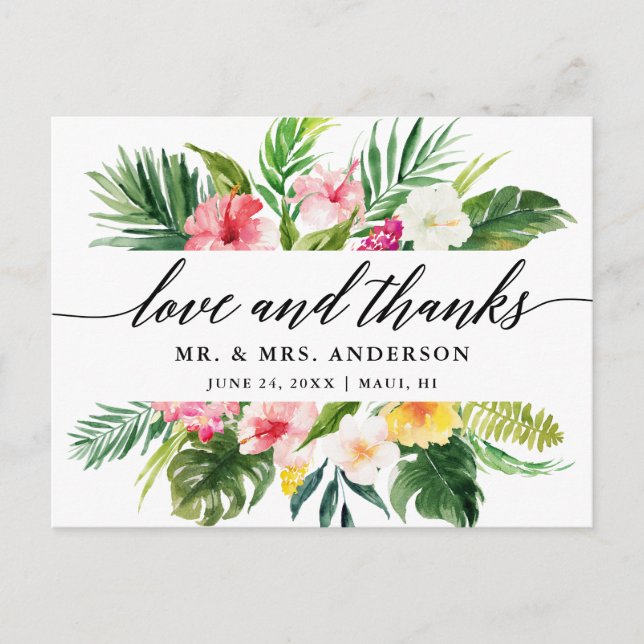 Carte Postale Tropical Floral Mariage Calligraphie Merci (Devant)