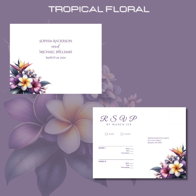 Carte Postale Tropical Floral-RSVP-Mariage-Carte Postale (Tropical Floral Wedding RSVP cards-Beach Wedding-Coastal-Purple)