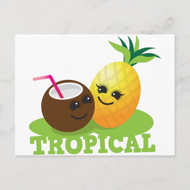Carte Postale TROPICAL mignon Kawaii noix de coco et ananas (Devant)