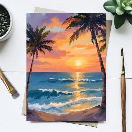 Carte Postale Tropical Ocean Sunset Palm Tree Watercolor