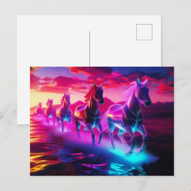 Carte Postale Troupeau électrique - Chevaux Synthwave (Devant / Derrière)