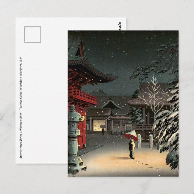 Carte Postale Tsuchiya Koitsu - Neige au temple de Nezu (Devant / Derrière)