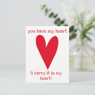Carte Postale Tu as mon coeur   Poème de E.E. Cummings