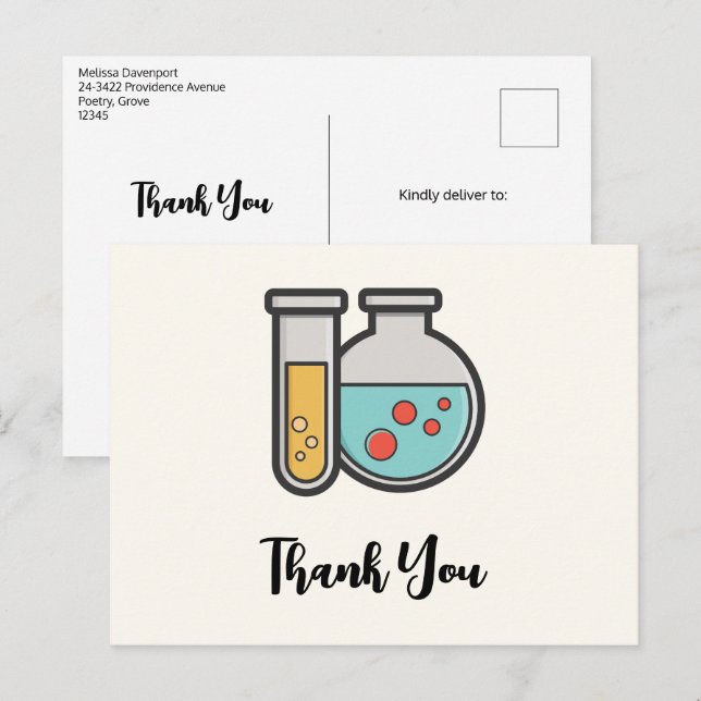 Carte Postale Tube à essai de chimie et bécher Merci (Devant / Derrière)