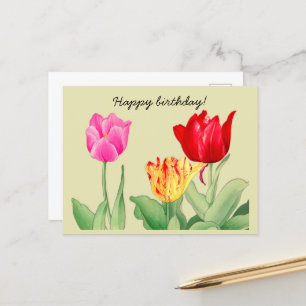 Carte Postale Tulipe, Joyeux Anniversaire, Art du bois japonais